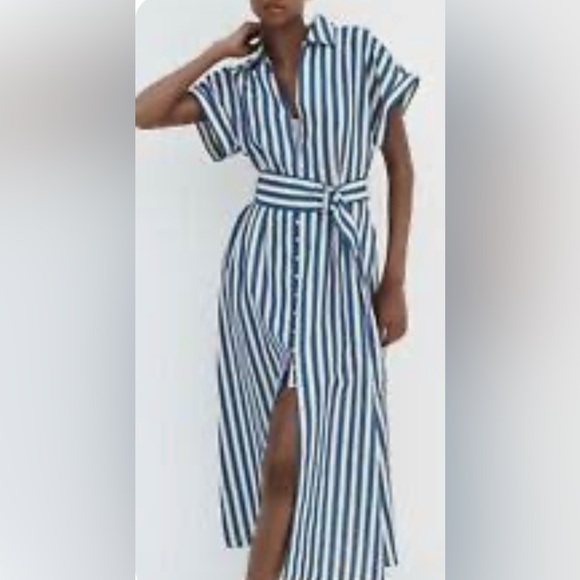 Zara Midi Stripe Dress Linen Shirt Tunic Midi With Belt BlueWhite Size Small - Picture 12 of 12